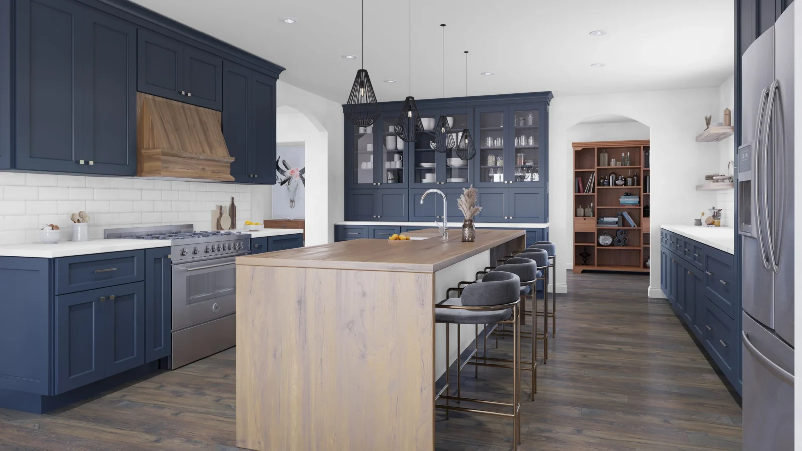 Navy Shaker-style kitchen cabinets with a center island, part of the Brooklyn collection
