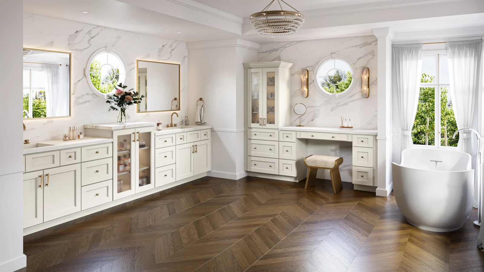 Bright double-sink bathroom vanity with Brooklyn Pearl cabinetry and marble countertop