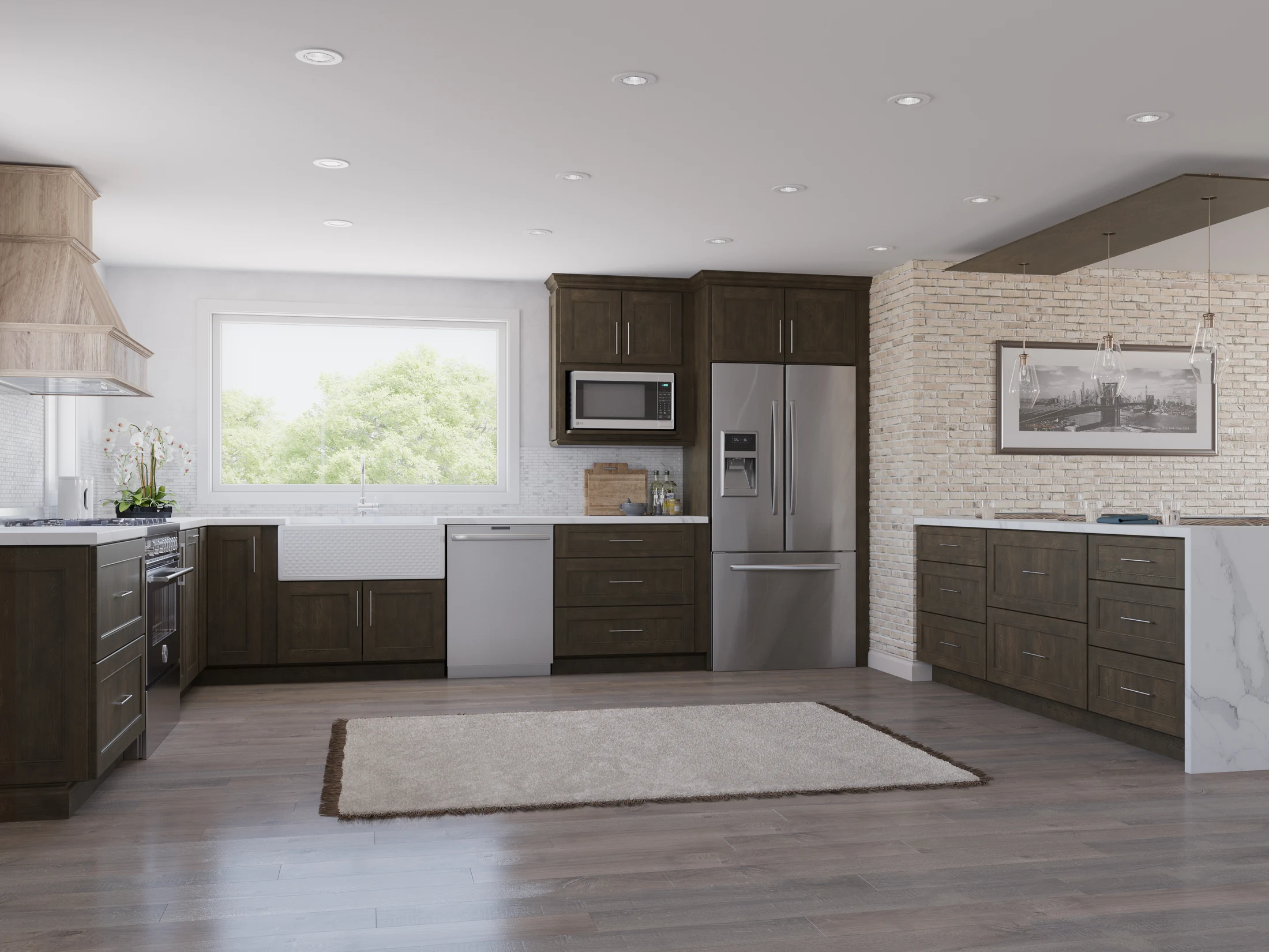 Finished kitchen with detailed cabinetry and appliance surrounds