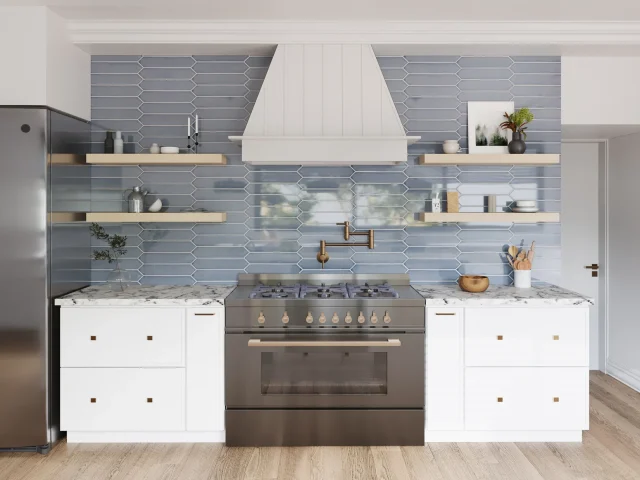 Maple floating shelves in a kitchen