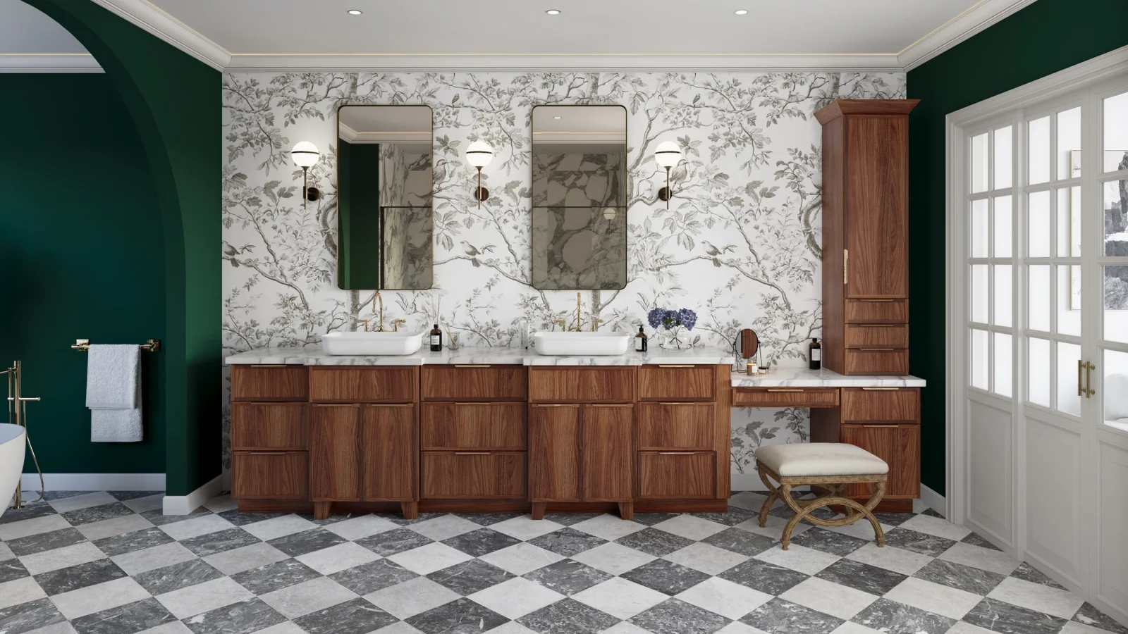 OSLO Classic Walnut bathroom vanity cabinetry with a marble backsplash