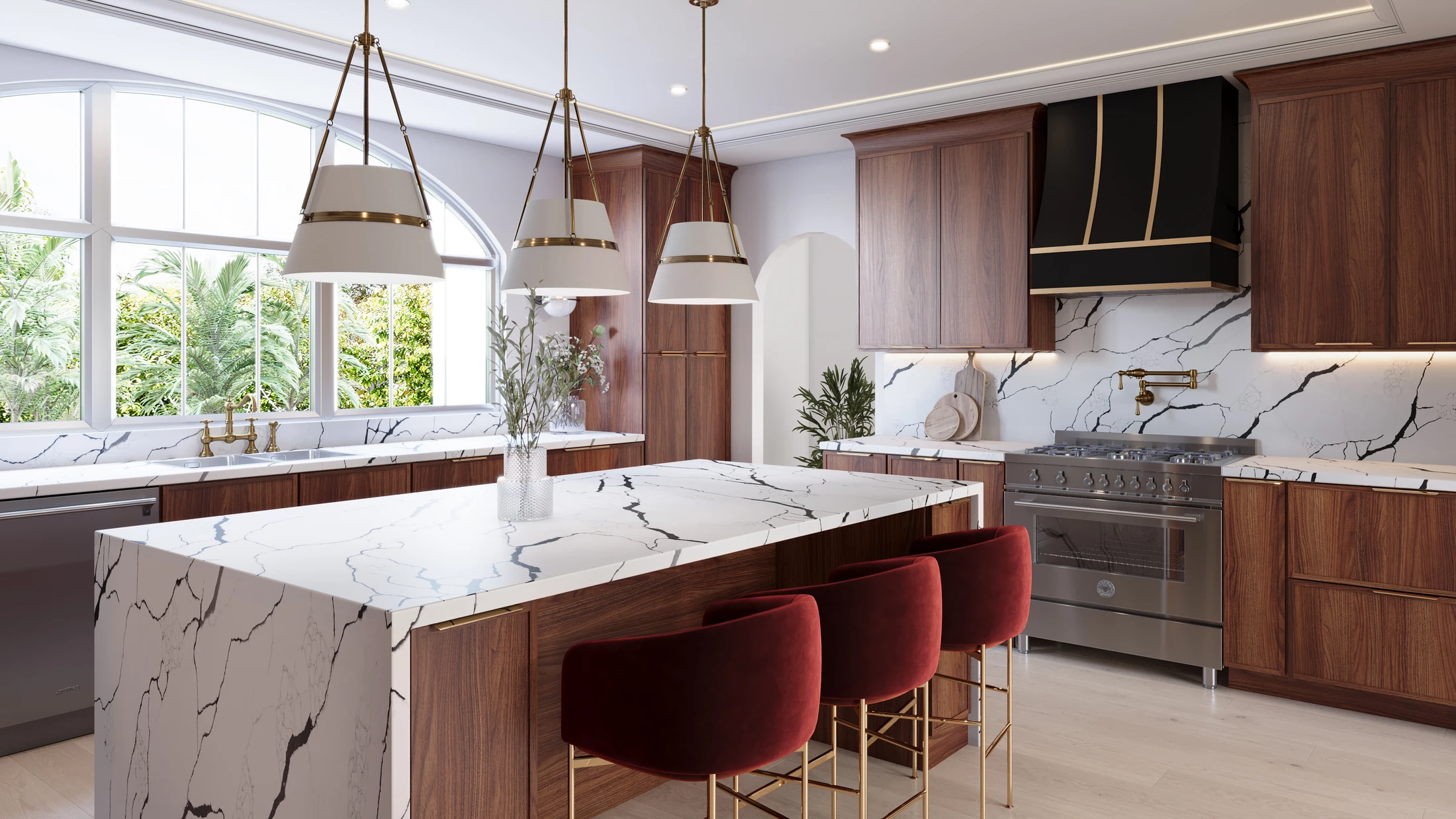 Finished kitchen cabinetry shown in a wide full-room view