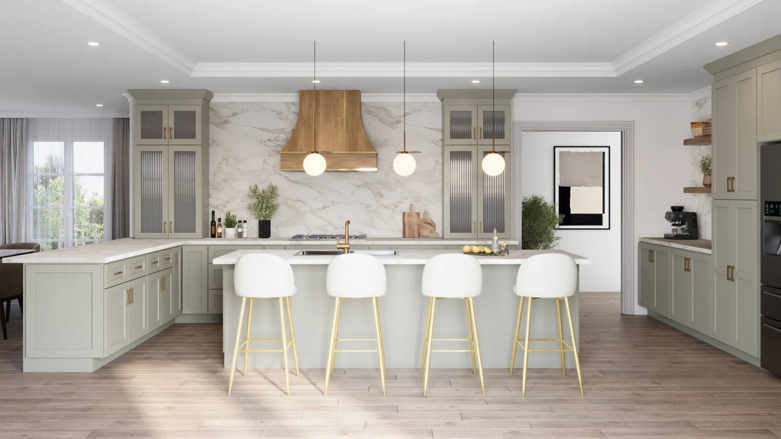 Shaker Moss kitchen cabinets with a marble slab backsplash and wood range hood