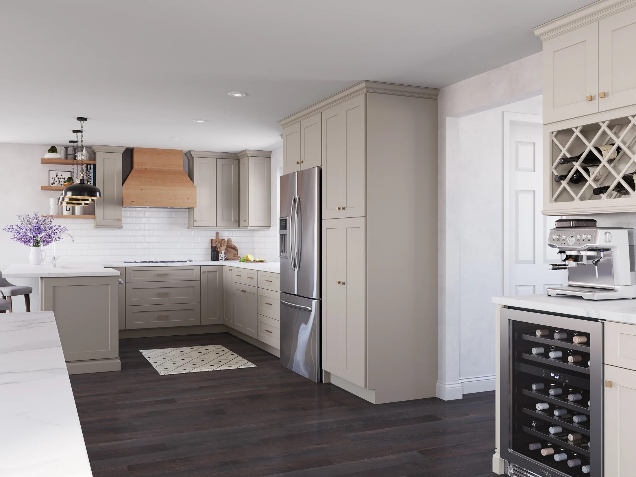 Finished kitchen with surrounding cabinet runs and island