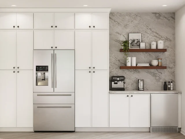 Walnut floating shelves in a kitchen