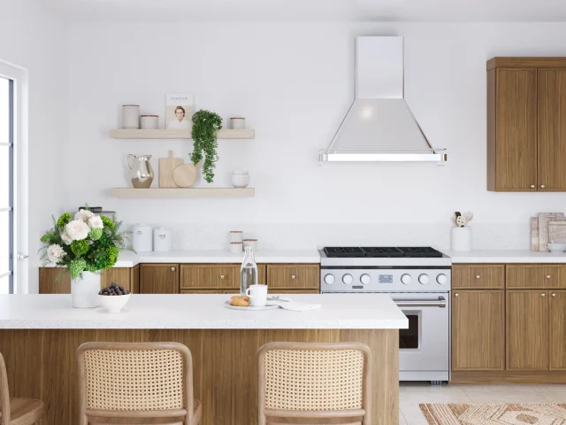 White oak floating shelves, an example of custom cabinetry