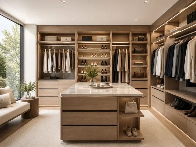 Custom walk-in closet with built-in wood storage and illuminated shelving