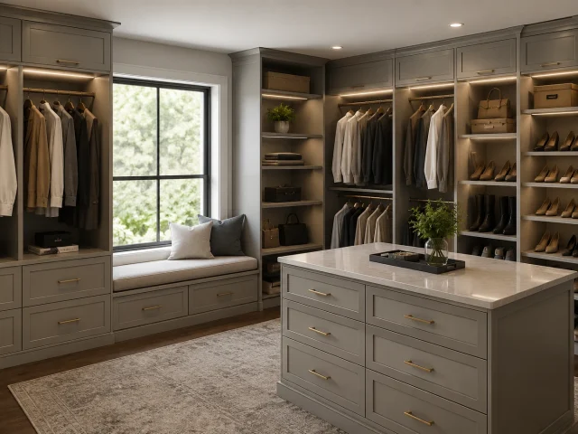 Custom walk-in closet with built-in cabinetry, island and integrated storage