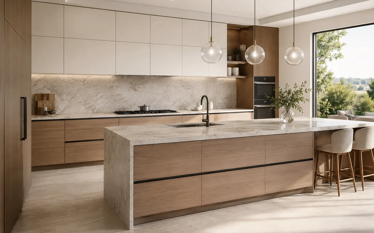 Modern Euro flat panel kitchen cabinetry in warm white and walnut