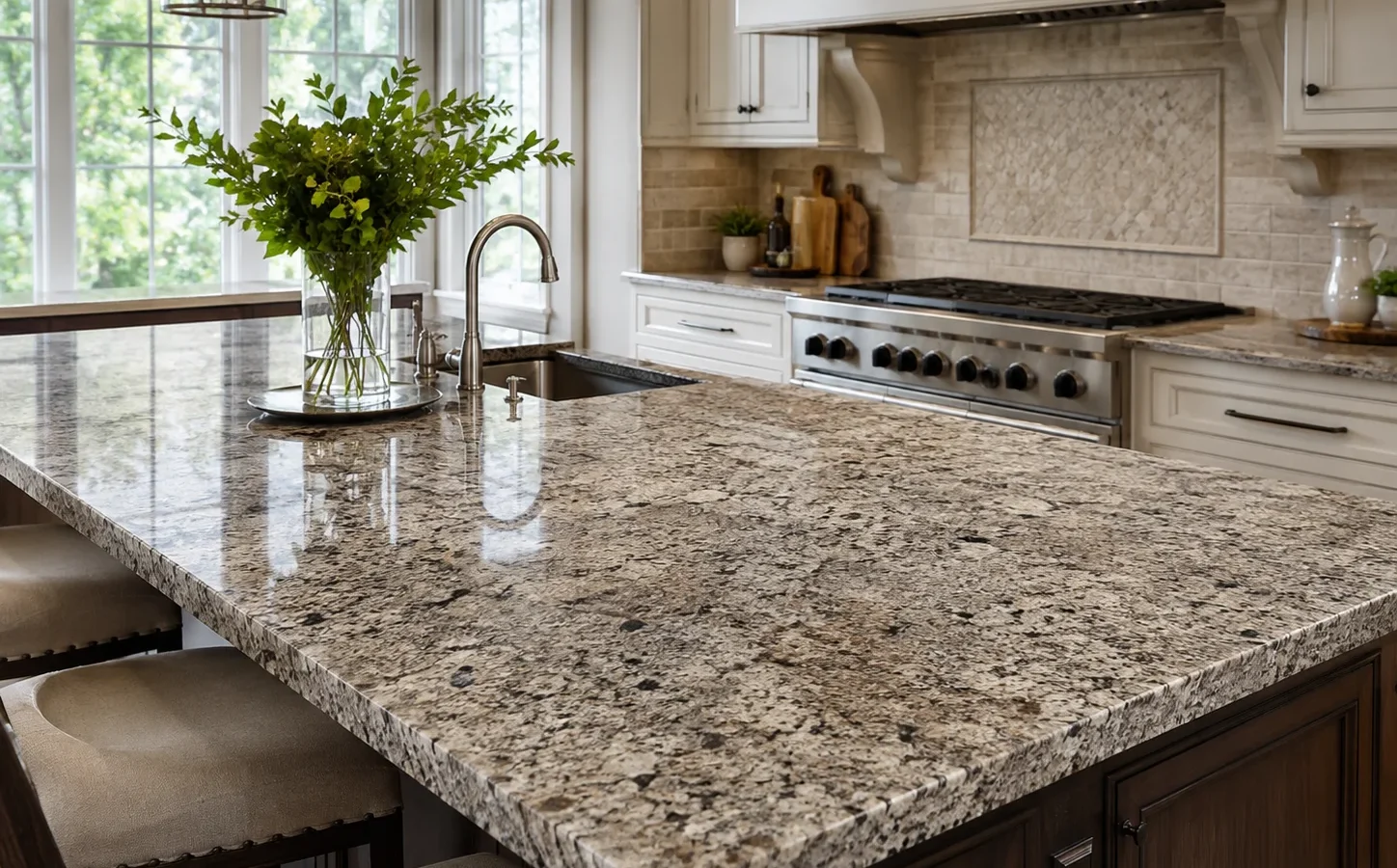 Kitchen with natural granite countertop featuring gray, beige and dark mineral pattern