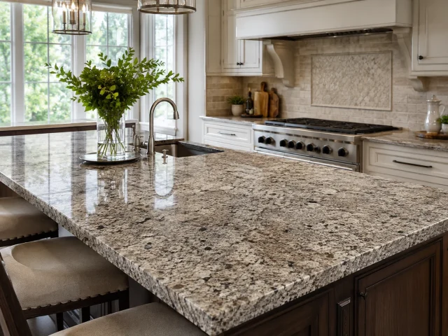 Kitchen with natural granite countertop featuring gray beige and dark mineral pattern