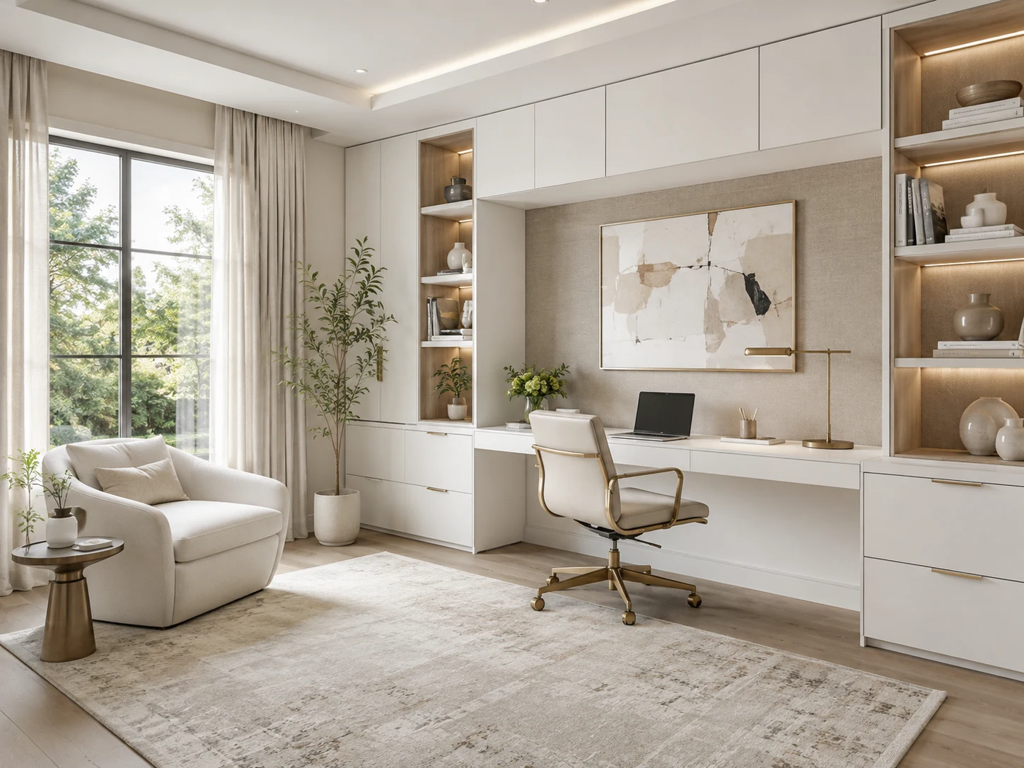 Light flat-panel home office cabinetry with desk and storage