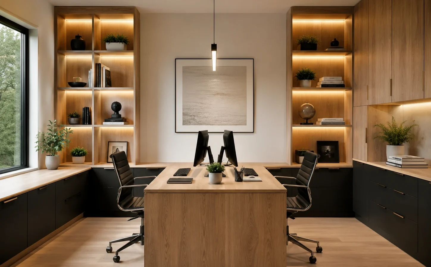 Two-person home office with warm wood and dark flat-panel built-in cabinetry