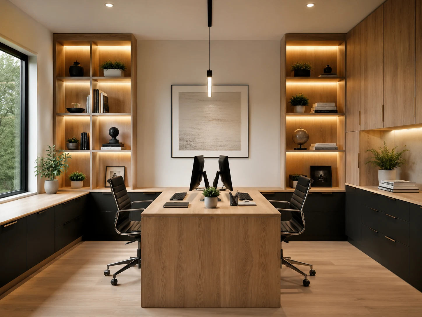 Modern two-person home office with built-in cabinetry