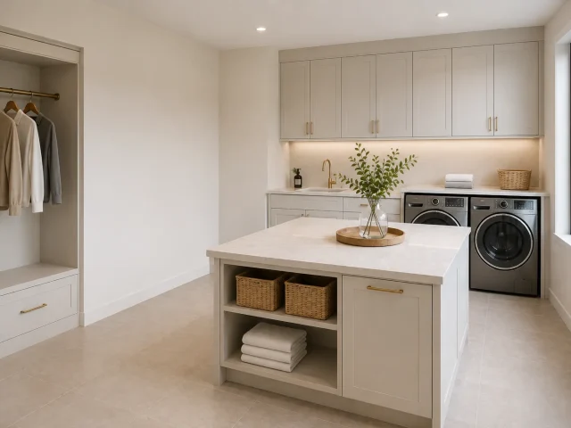 Custom laundry and pantry cabinetry with storage, worktop, washer and dryer