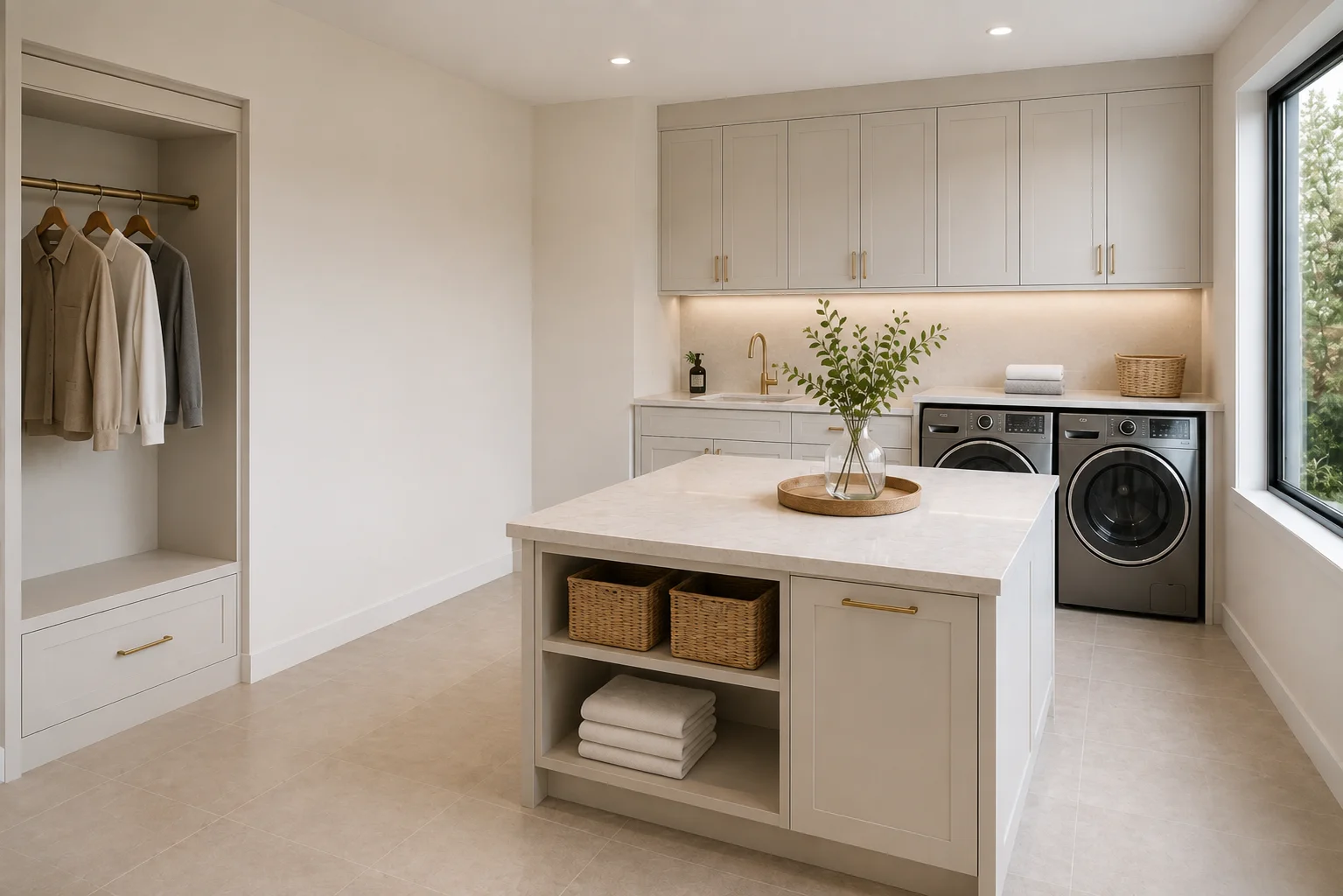Laundry and pantry cabinetry with closed storage and work surface