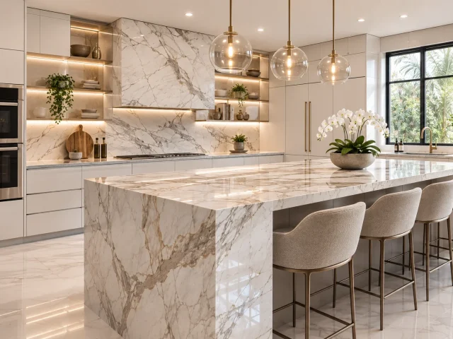 Luxury kitchen with natural marble waterfall island and expressive veining