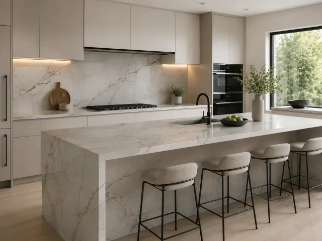 Modern kitchen with large-format porcelain countertop and matching slab backsplash