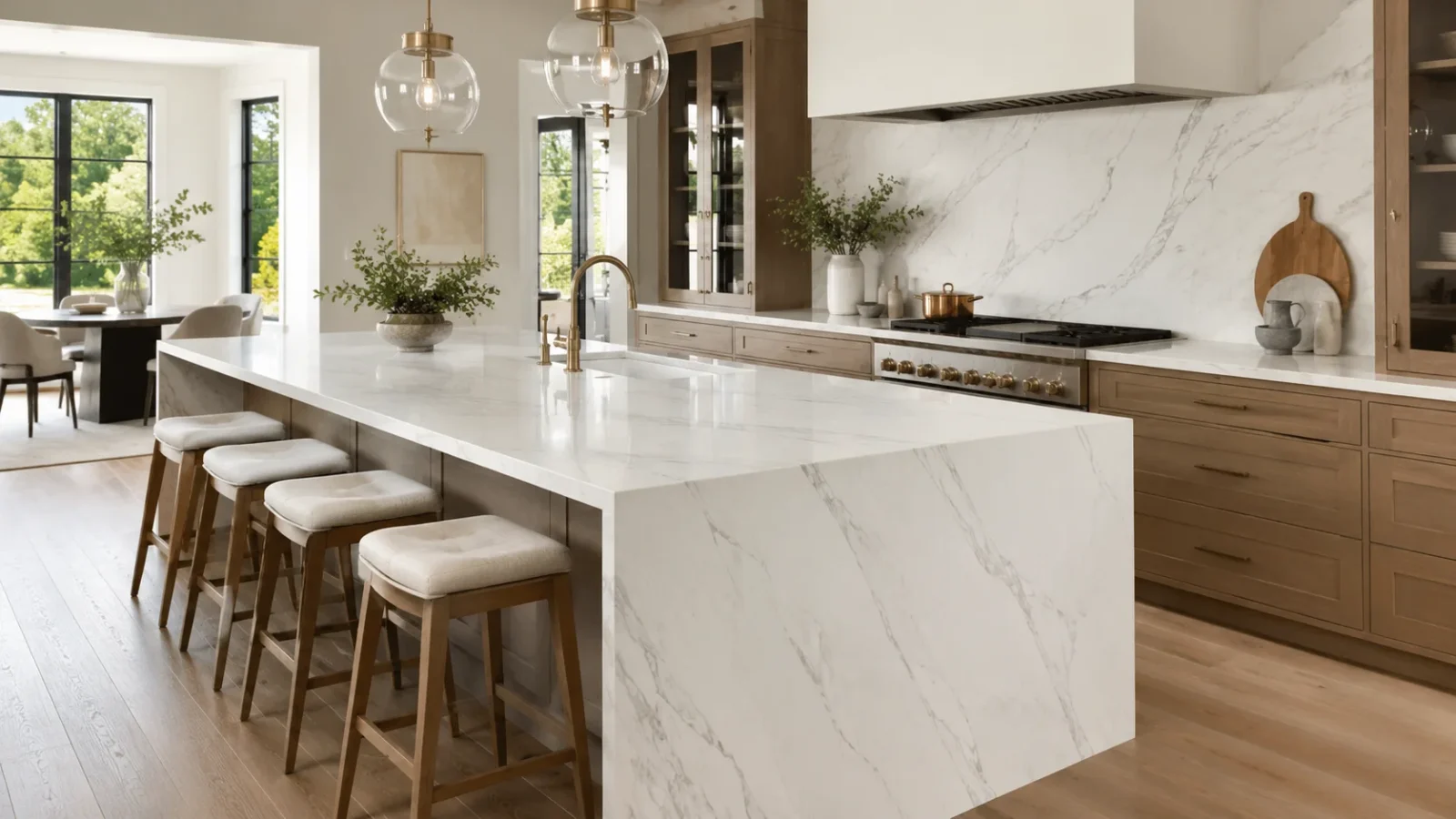 Modern kitchen with light quartz countertop and waterfall island