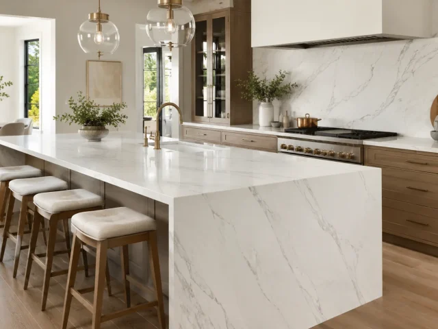 Modern kitchen with light quartz countertop and waterfall island