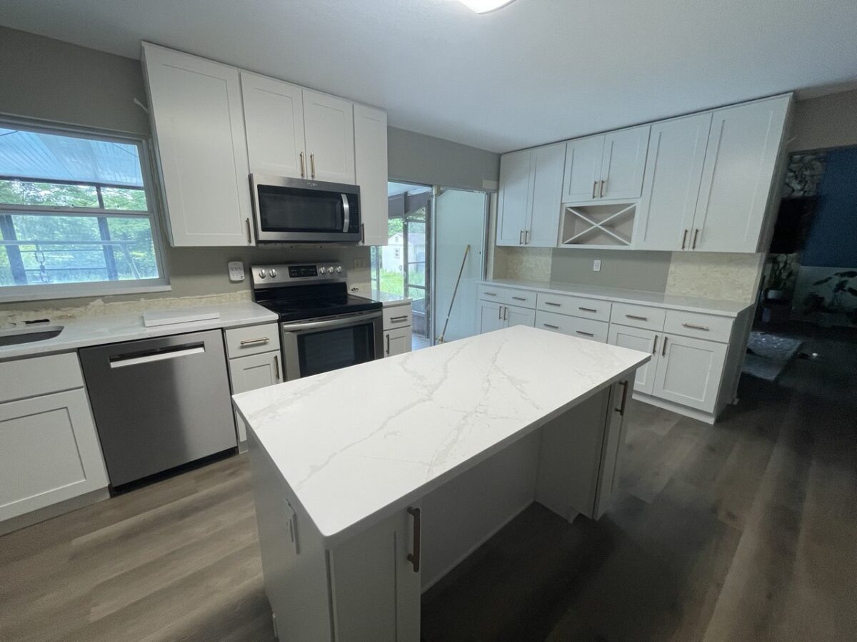 Completed ZEUS compact white kitchen cabinetry project — view 2